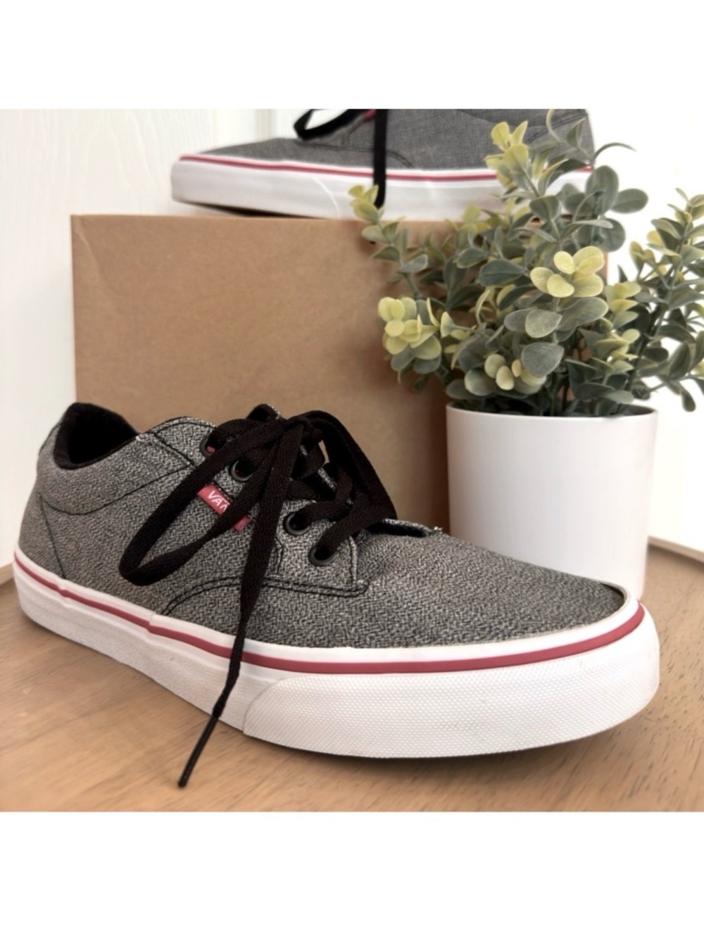 VANS ~ Gray and Black Sneakers Classic Skate Style w/Bold Red Etching size 8